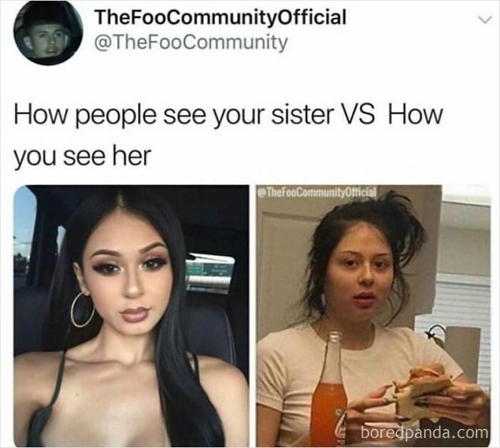 Comparison meme showing how people see your sister versus how you see her, illustrating sibling humor and relationships.