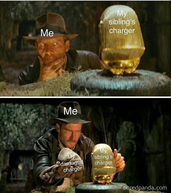 Man in a hat carefully comparing sibling's charger and damaged charger in a meme about siblings and chargers.