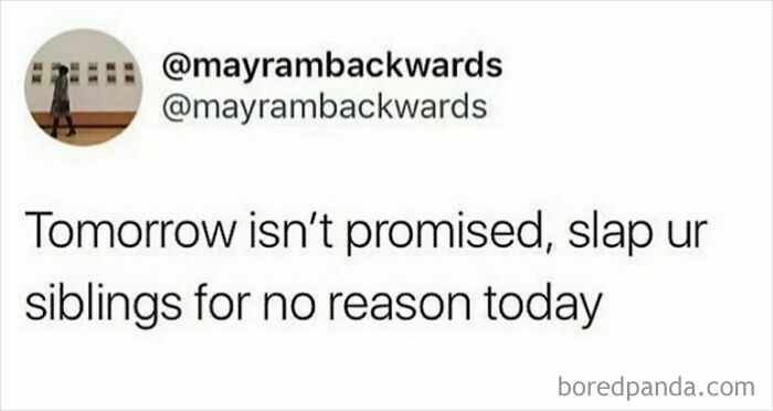 Text meme about siblings saying to slap your siblings for no reason today, highlighting sibling humor and relationships.