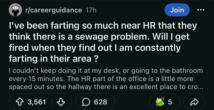 Screenshot of a humorous Reddit post about frequent farting near HR, showcasing hilarious posts for laughs and entertainment.