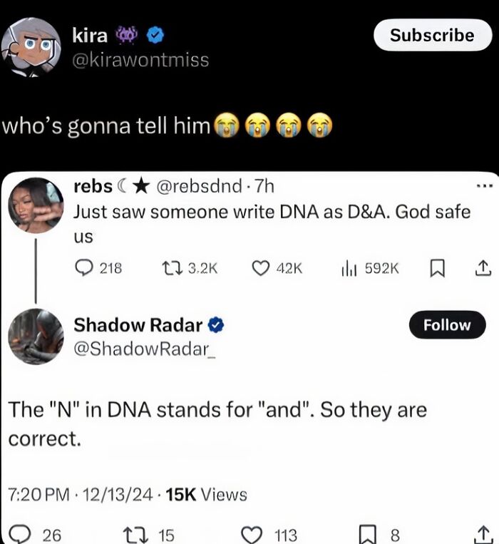 Tweet exchange showing someone incorrectly claiming DNA stands for D&A, with another user hilariously failing to correct the misunderstanding.