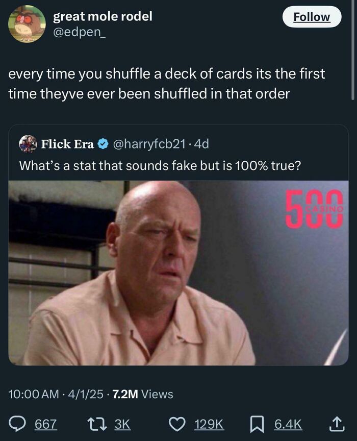 Tweet discussing a math fact about shuffling cards for the first time, relevant to weirdest math problems solved.