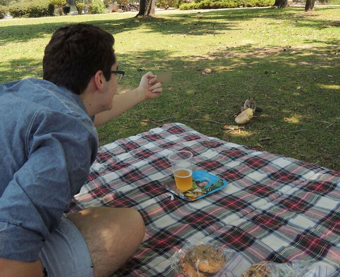 Man on picnic blanket in park caught a sneaky pet squirrel trying to steal food during an outdoor snack moment.