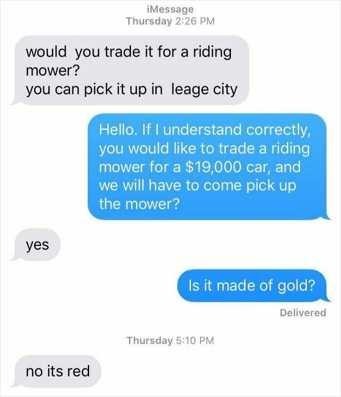 Text message exchange humorously negotiating a trade involving a riding mower, highlighting hilarious posts that make you laugh.
