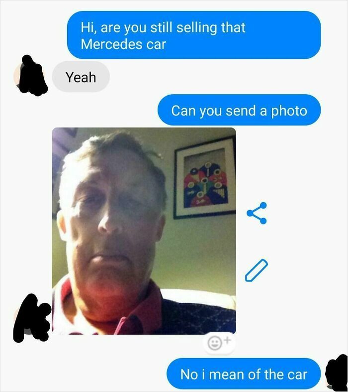Text message exchange where buyer asks for a photo of a Mercedes car but gets a selfie instead, showing hilarious posts humor.