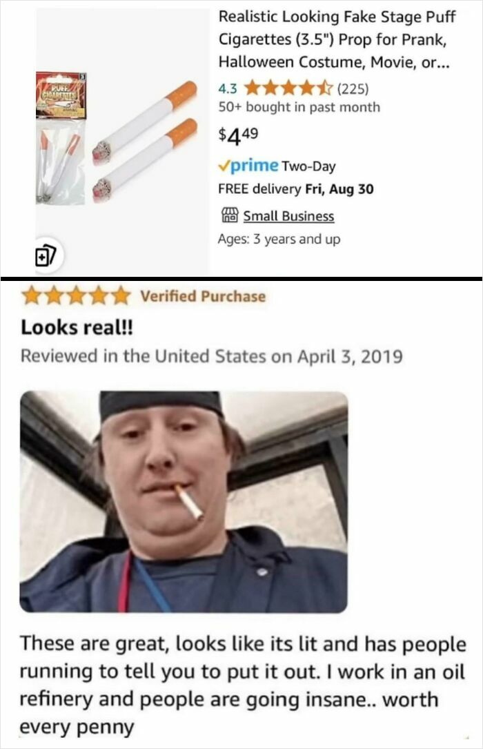 Fake stage puff cigarettes product with humorous user review praising its realistic look in hilarious posts to make you laugh.