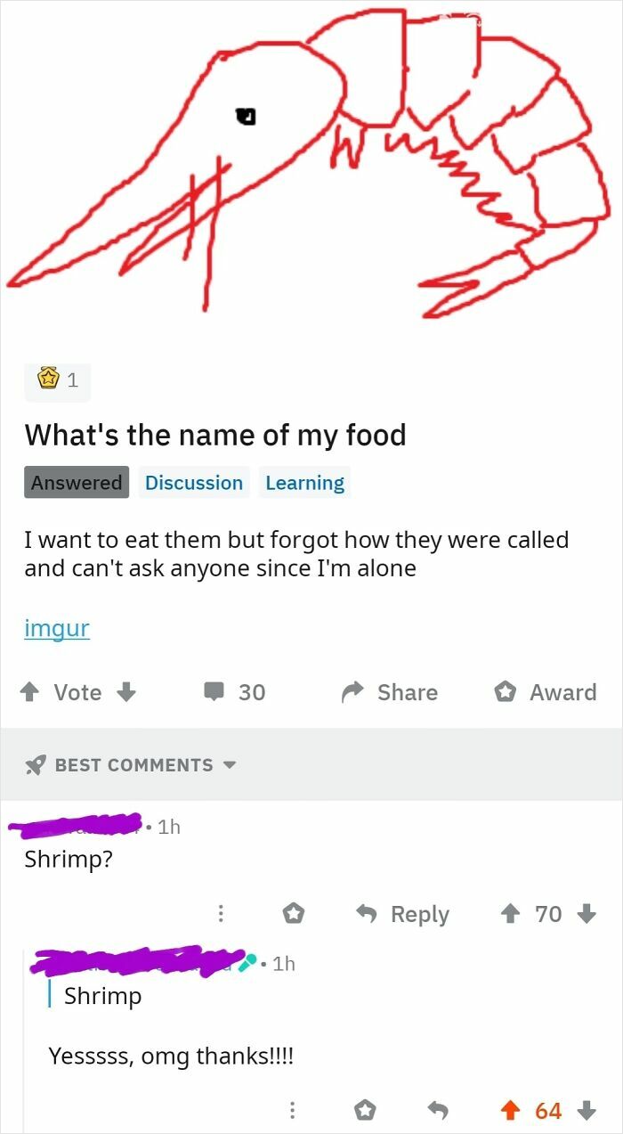 Hand-drawn red shrimp with humorous post and comments making people laugh in hilarious posts online.