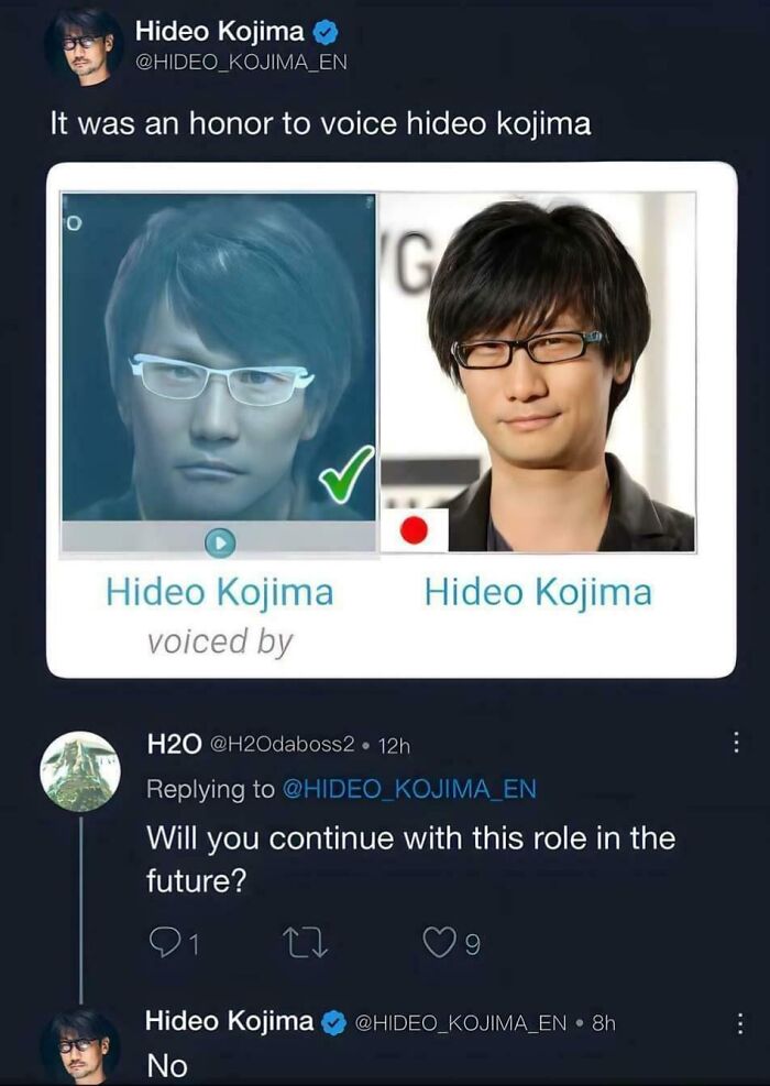 Screenshot of a humorous social media post about Hideo Kojima voicing his own character, from hilarious posts to make you laugh.