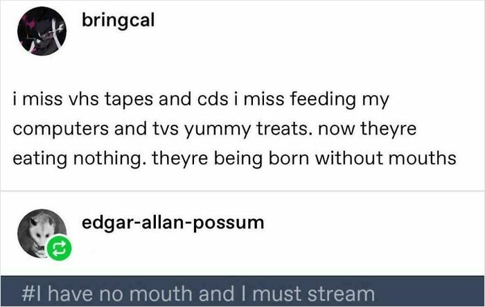 Funny social media post joking about feeding computers VHS tapes and missing physical media, a hilarious meme.