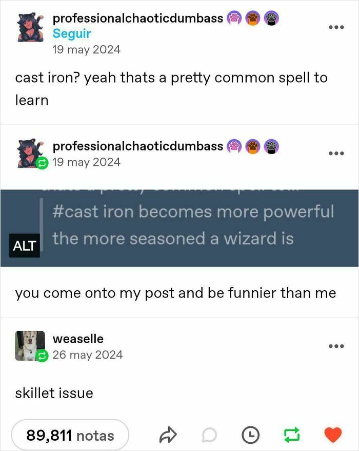 Hilarious social media posts featuring funny wordplay about casting iron and skillet issues to make you laugh.