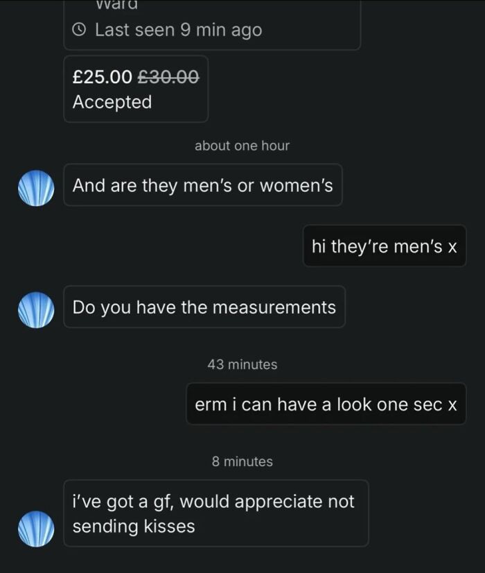 Chat conversation on Vinted about item measurements, gender specification, and a buyer asking not to send kisses.