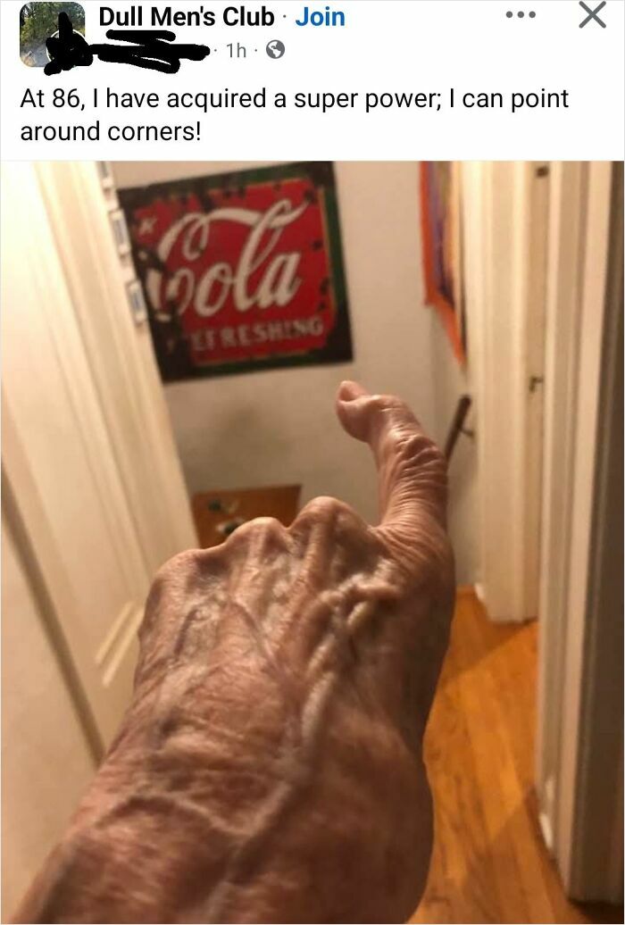Elderly hand humorously pointing around a corner in a hallway, illustrating hilarious posts meant to make you laugh.