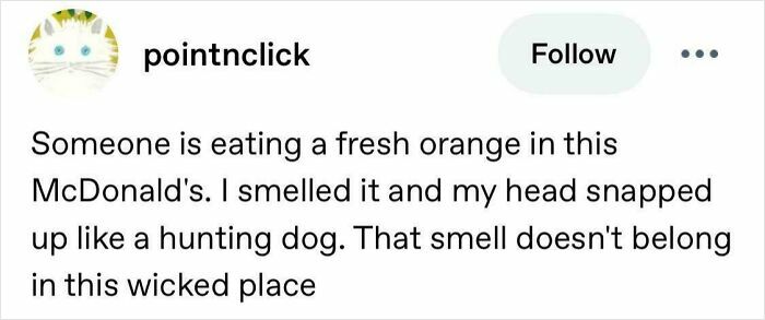 Social media post humor about someone eating a fresh orange at McDonald's, shared in hilarious posts to make you laugh.