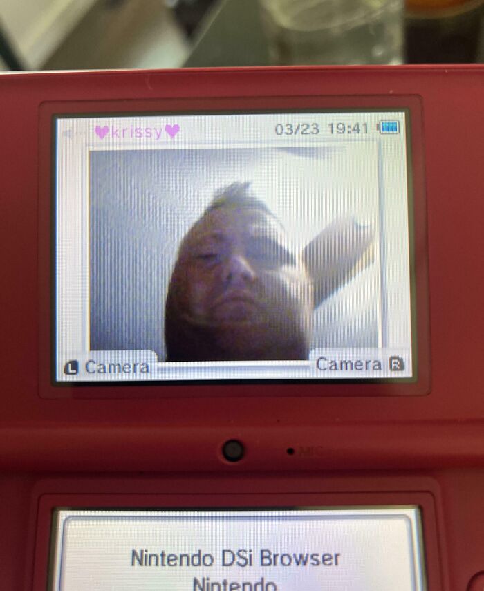 Old Nintendo DSi screen showing a funny distorted selfie, part of hilarious posts meant to make you laugh online.