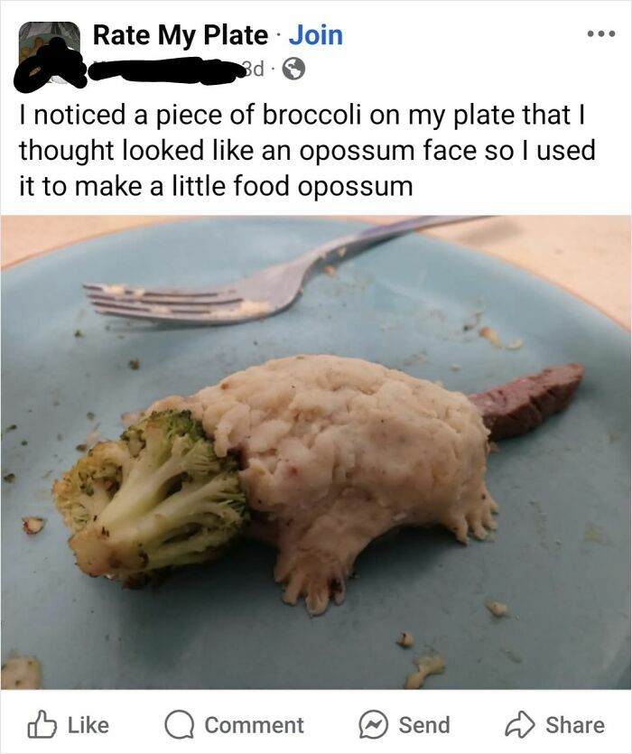 Broccoli and mashed potatoes arranged on a plate to look like a humorous food opossum animal sculpture.