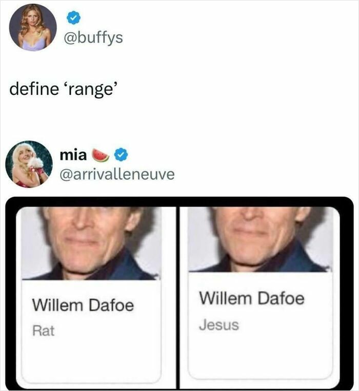 Screenshot of a humorous social media exchange defining the word range with funny Willem Dafoe comparisons in hilarious posts.