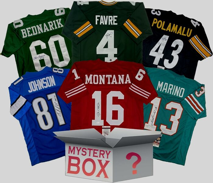 Collection of signed football jerseys displayed above a mystery blind box, highlighting blind boxes as a high stakes game of chance.