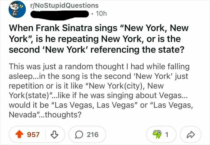 Reddit post questioning if Frank Sinatra’s New York lyrics refer to city, state, featured in hilarious posts to make you laugh.