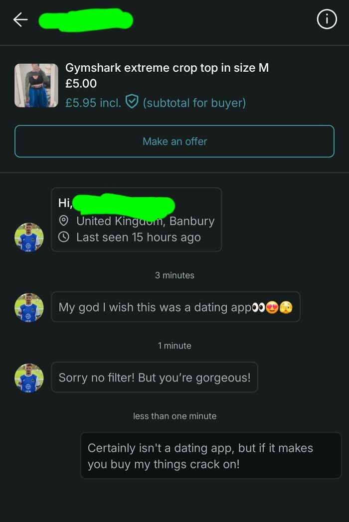 Chat conversation on Vinted with a buyer mistaking it for a dating app and seller responding humorously.