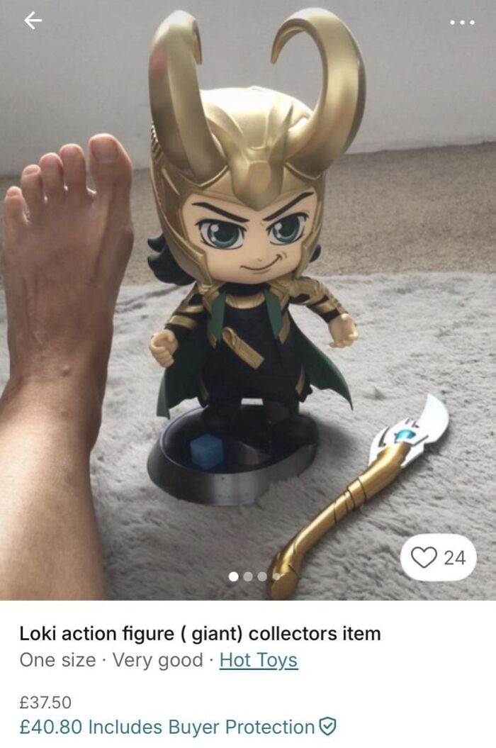 Unhinged Vinted post showing a giant Loki action figure next to a bare foot for size comparison on carpet.