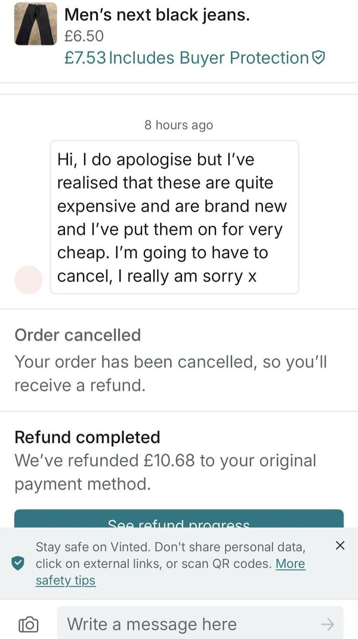 Screenshot of a Vinted post showing a seller cancelling an order and refunding after realizing the item was priced too low.