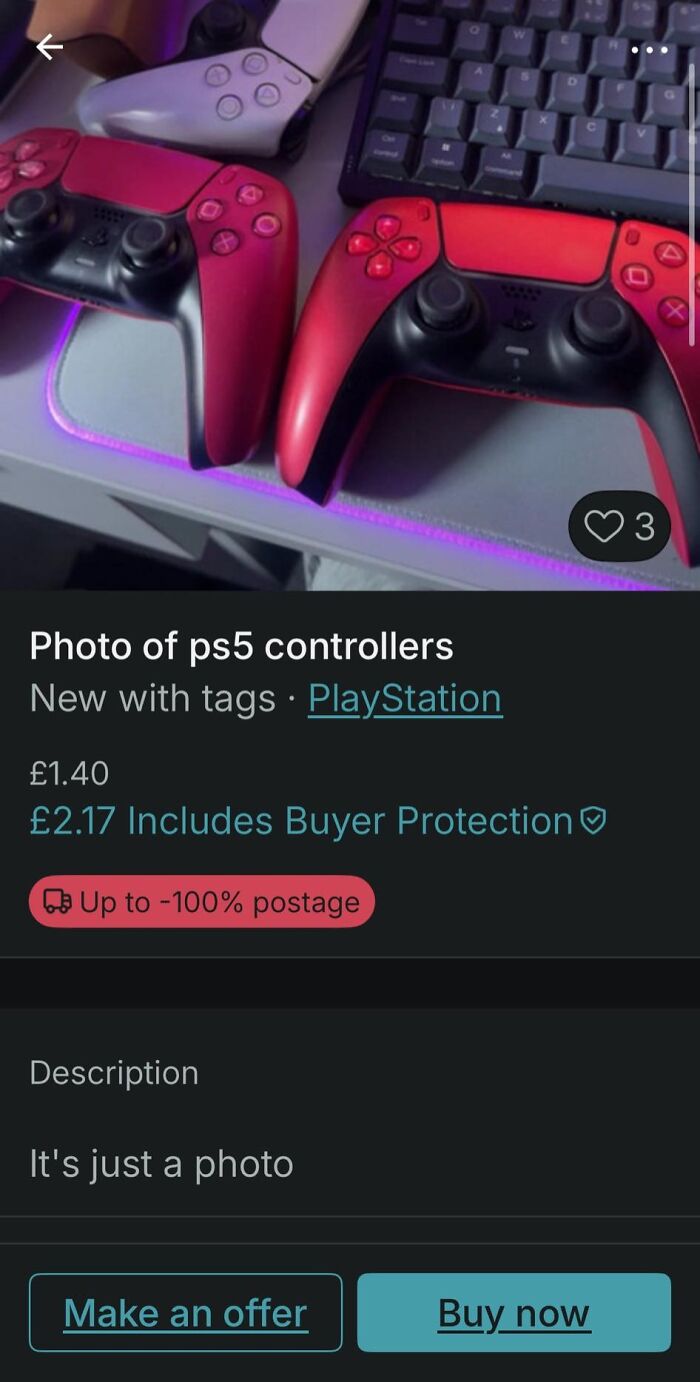 Photo of PS5 controllers listed on Vinted with a humorous description that has people doing a second take.