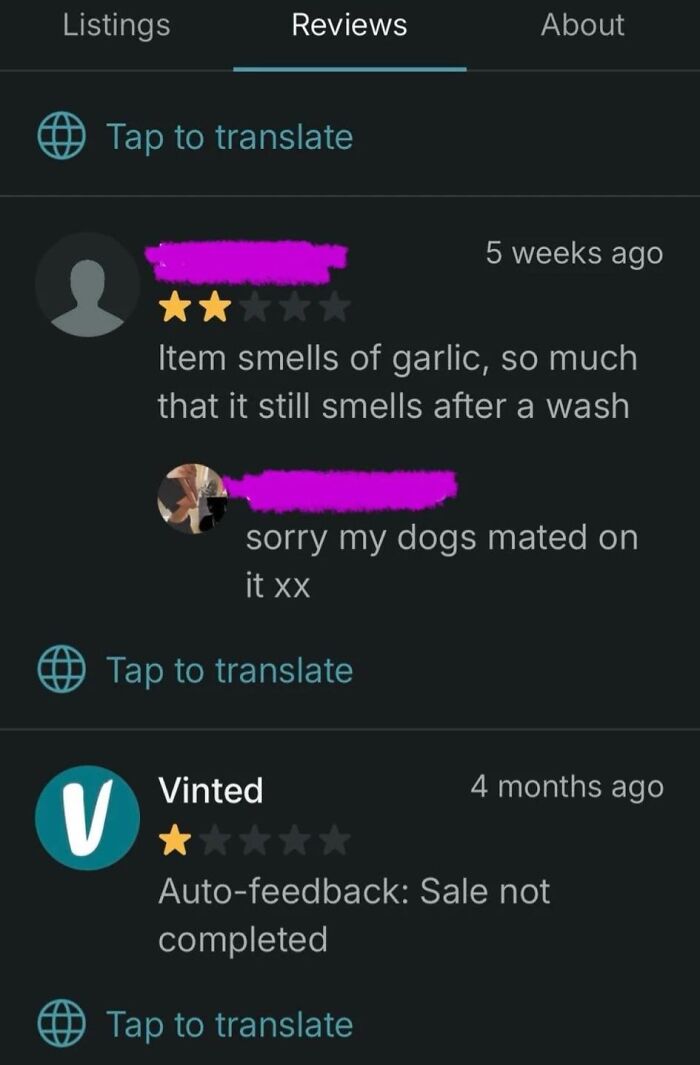 Screenshot of unhinged Vinted posts showing quirky user reviews and unusual seller responses on the secondhand selling platform.