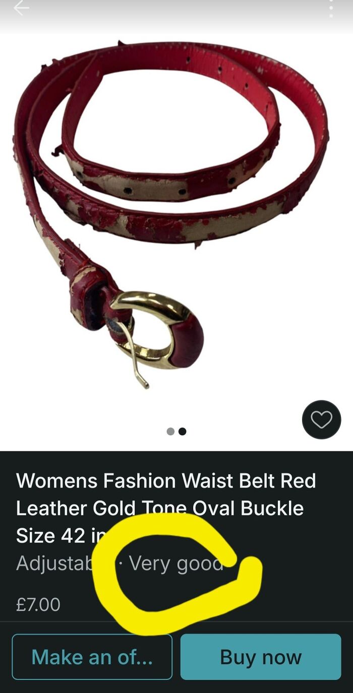 Worn red leather waist belt with gold tone buckle listed on Vinted showing signs of heavy use.