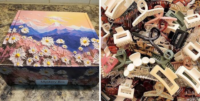 Colorful mystery blind box with floral design next to assorted hair clips, illustrating blind boxes for Christmas morning fun.