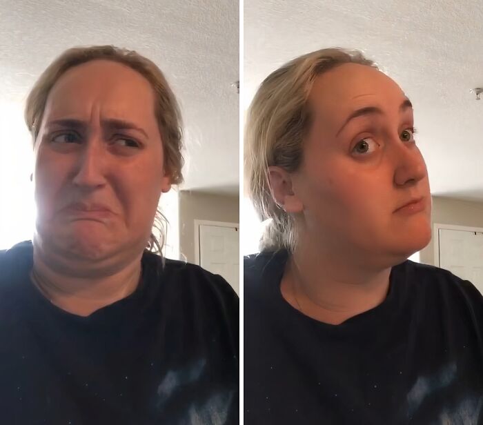 Woman making funny facial expressions at home, capturing moments that made her a viral internet icon.
