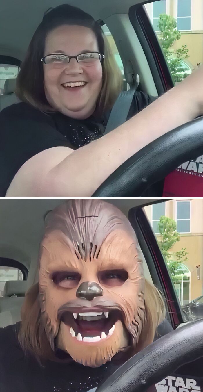 Smiling woman in a car transforming with a viral internet icon filter into a Chewbacca mask character laughing.