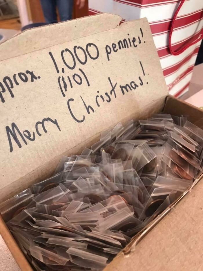 Box filled with 1,000 pennies individually bagged, shown as a bizarre Christmas gift in unusual presents collection.