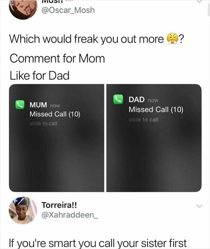 Screenshot of a funny social media meme about missed calls from Mom and Dad, highlighting sibling humor.