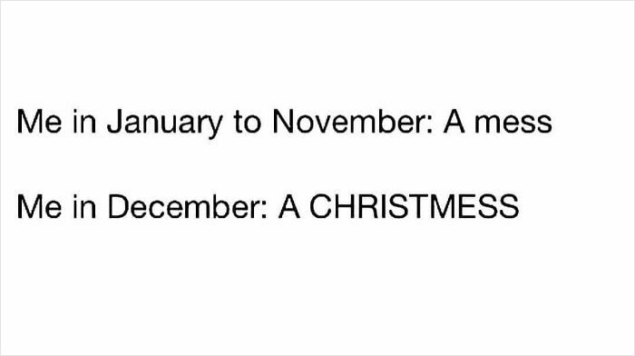 Text meme about being a mess from January to November and a Christmess in December related to funny Christmas memes.