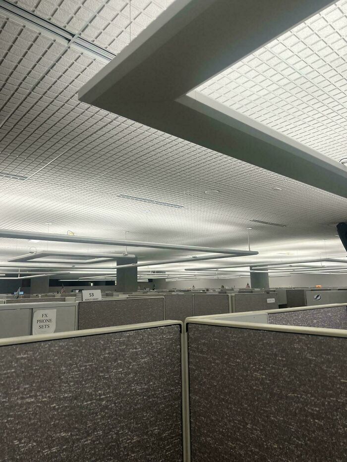 Gray office cubicles under bright fluorescent lights creating a liminal space that looks like the backrooms environment.