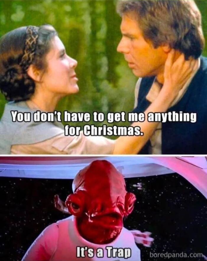 Two-panel funny Christmas meme featuring a romantic scene and a character saying it's a trap for Christmas gifts.