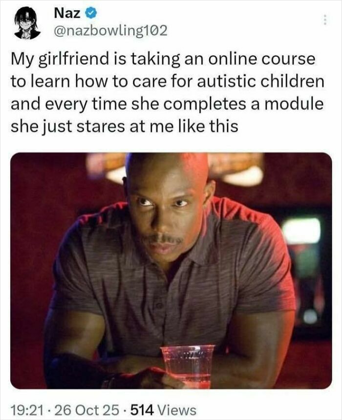 Meme showing a man staring intensely with caption about learning to care for autistic children, from Know Your Meme.
