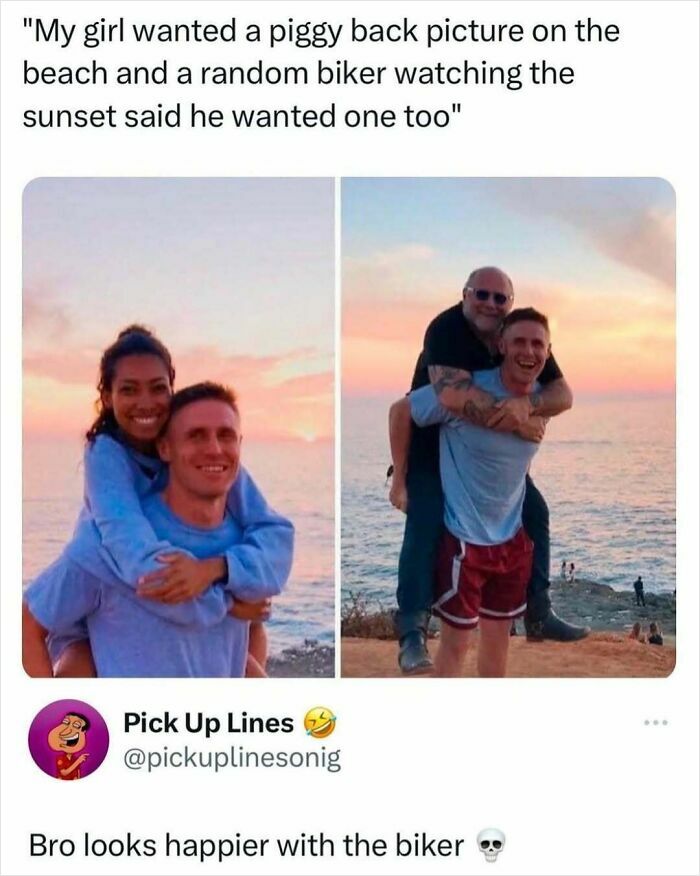 Couple and biker smiling during sunset on beach in a funny meme from Know Your Meme collection.