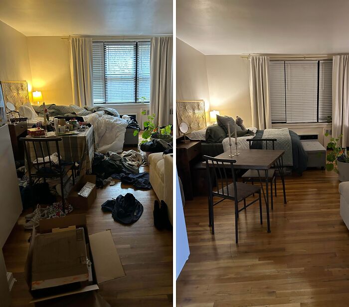 Side-by-side comparison of a room before and after cleaning, showcasing a tidy and organized living space.