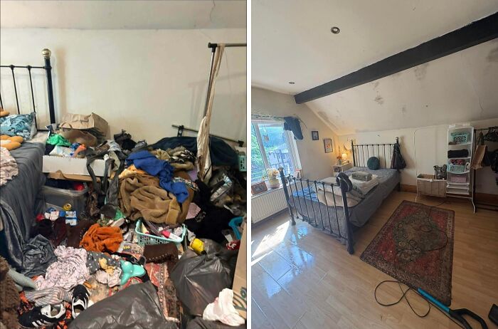 Room before and after being cleaned, showing a cluttered messy space transformed into a tidy and organized bedroom.