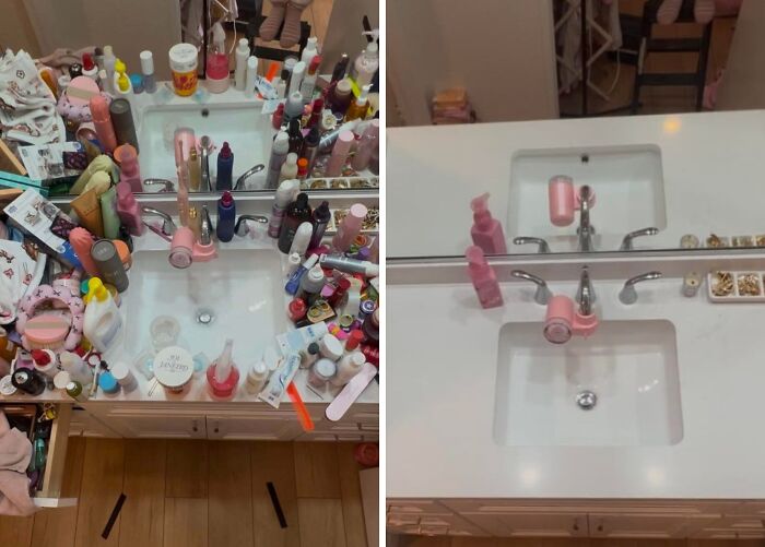 Bathroom sink area cluttered with beauty products before and a clean, organized sink after being cleaned.