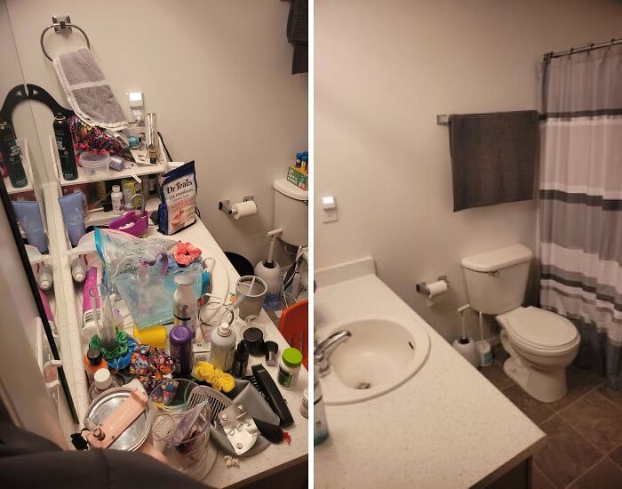 Bathroom before and after being cleaned, showing cluttered countertop transformed into a neat and organized space.