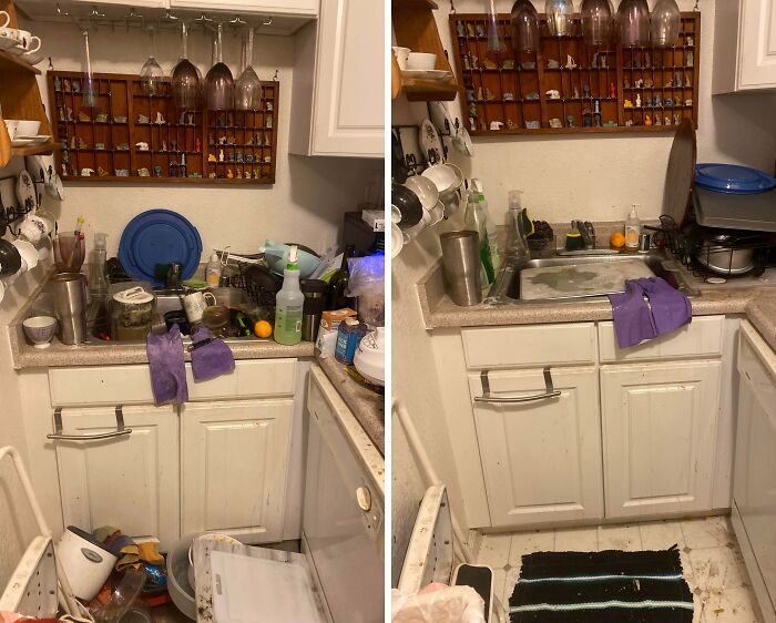 Kitchen countertop and sink area before and after being cleaned showing satisfying room transformation pictures
