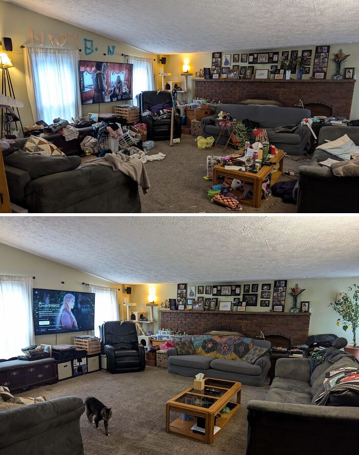 Living room before and after being cleaned showing organized space with sofas, coffee table, and TV, highlighting room transformation.
