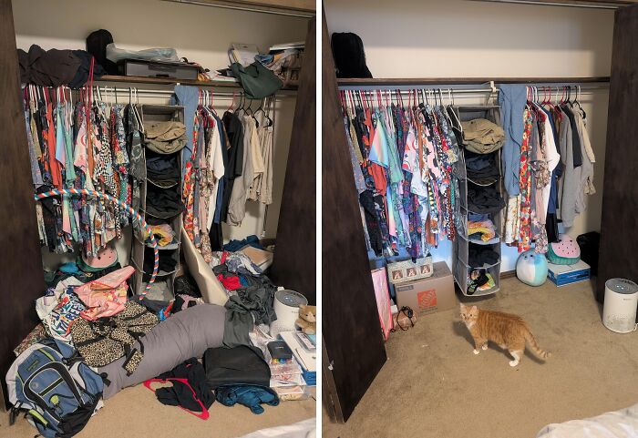 Closet before and after being cleaned, showing organized clothes and tidy floor in a satisfying room transformation.