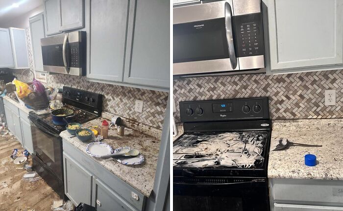 Kitchen before and after being cleaned showing a messy counter with dishes and a spotless stove and countertop.