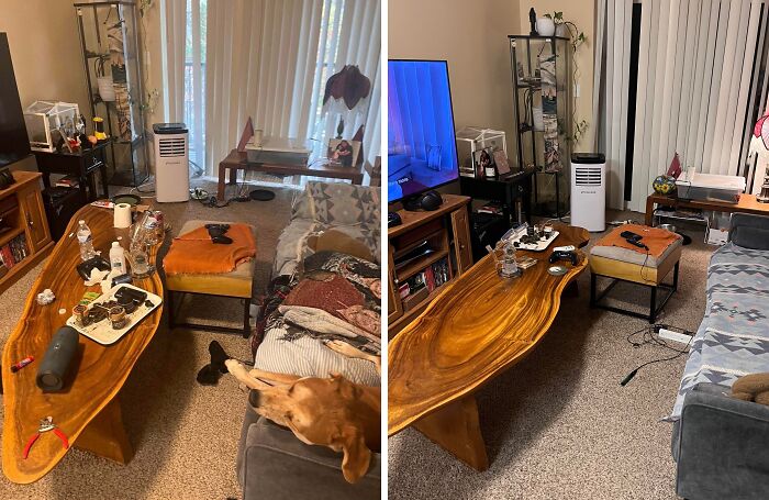 Living room before and after being cleaned showing organized space with clear wooden table and tidy upholstery.
