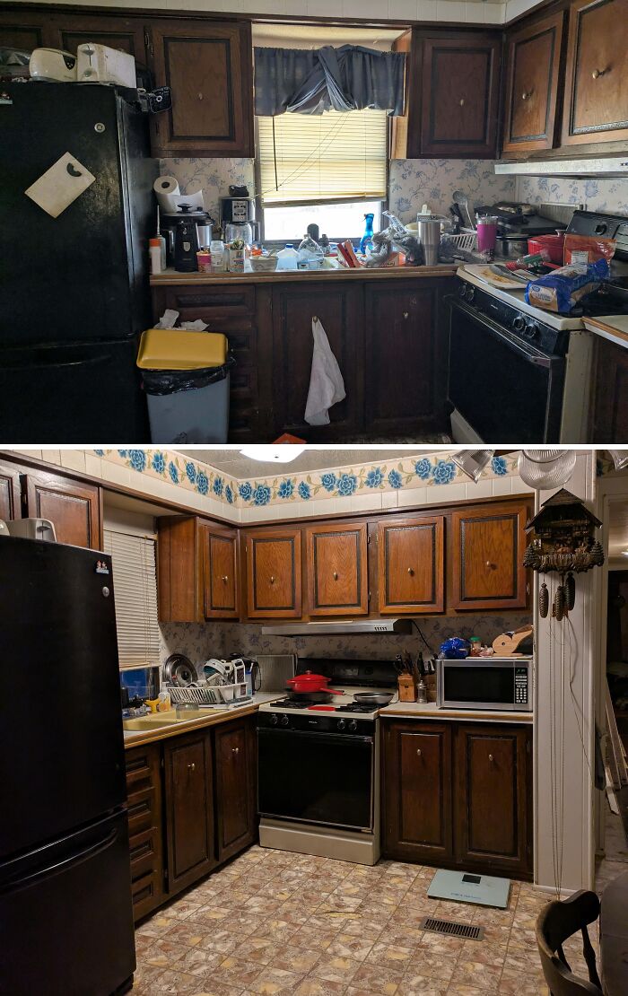 Kitchen before and after being cleaned, showcasing a clear contrast in tidiness and organization in room cleaning.