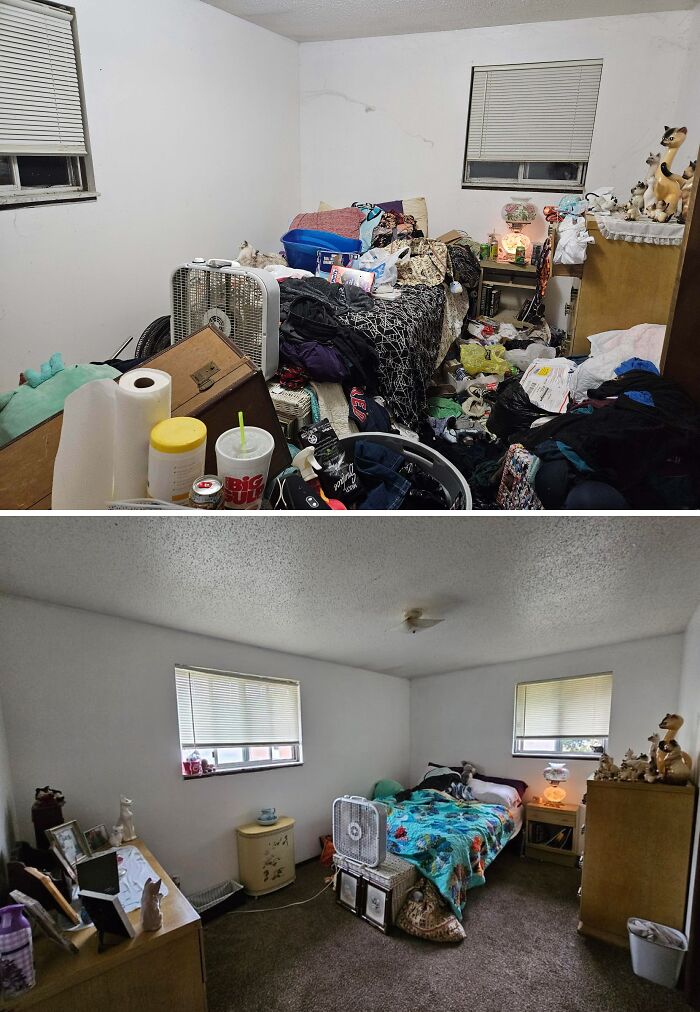 Messy bedroom cluttered with clothes and items in before and after clean photos showing room transformation and satisfying clean rooms.