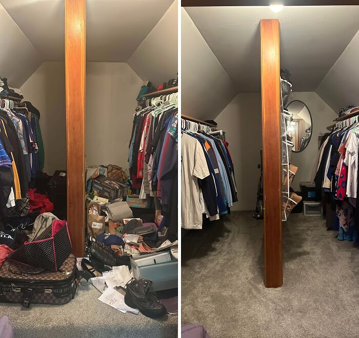 Side-by-side comparison of a cluttered and a clean walk-in closet showcasing room cleaning before and after results.